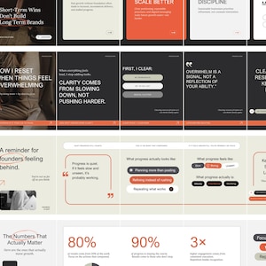 May include: A digital marketing carousel design with text and graphics. The design features a black, white, and orange color scheme with phrases like "Scale Better" and "Clarity Comes From Slowing Down". The design is for business and marketing.