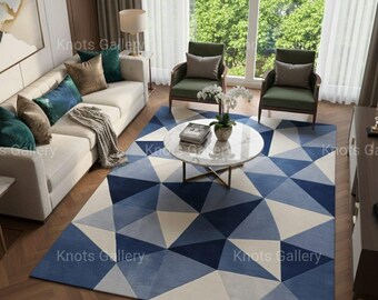 Hand Tufted Geometric Area Rug, Blue Ivory Triangle Pattern