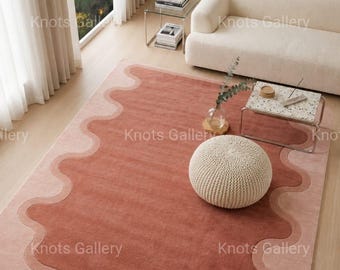 Hand Tufted Wool Rug, Pink Abstract Area Rug, Wavy Border Carpet, Modern Handmade Rug, Living Room Bedroom Decor, Custom Size