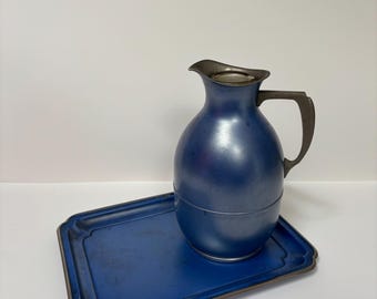 Vintage Antique American Blue Metal Thermos Flask and Matching Tray Co. USA 1911 9"