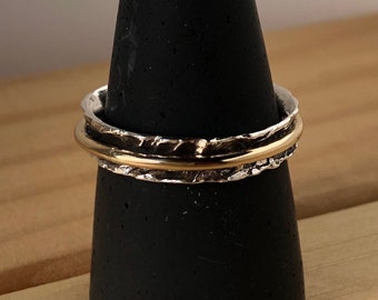 Spinner Ring / Textured sterling with Gold / 14K Yellow gold / Thumb Ring / Two Tone Band / Channel Band /Man's Ring