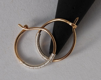 Gold Hoop Earrings / Silver with Yellow Gold filled hoops / Minimalist / his hers / Two tone Hoops / small hoops / gold with fine silver