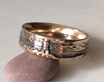 Gold Lighthouse Band / 14K Ocean Wave Band / 14K Sea Landscape / Sunset Landscape / 7mm wide Band / 14K Lighthouse Band/ Sterling Ocean band