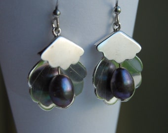 Shell pearl earrings / Sterling shell drop earrings / Black pearl inside shell / Ear wire drop earrings