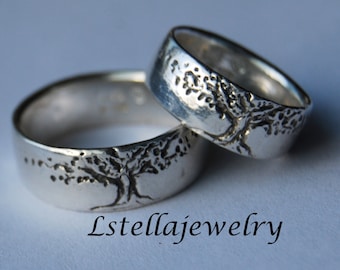 Tree Band Set / Tree of Life / 8mm wedding Bands / Silver Tree Bands / Men&#39;s Women&#39;s Unisex / Sterling Marriage Bands / tree wedding bands