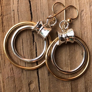 Hoop Earrings Necklace Set, Sterling, Bronze hoop, Jewelry Mixed Metal women Gift for her,  Run dangling interesting component Double rings,
