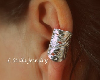 Wide Ear Cuff / Non-Pierced Cuff / Antiqued Flower Conch / WIDE silver Cuff  / women's earring / Sterling Floral Cuff / Floral Conch Cuff