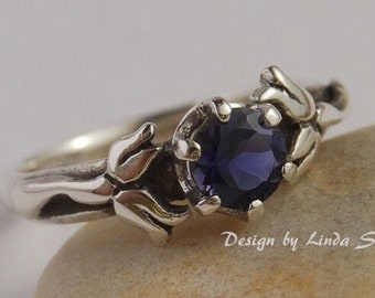 Sterling Birthstone Ring / Lily Flowers Iolite / amethyst pearl stone / Blue gemstone / Engagement / wedding / Birthday Gift / Gemstone ring