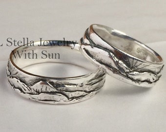 Mountain Wedding Band / Mountain Range Band / Silver Men&#39;s Ladies / Sterling Rocky Mountain / Landscape design band / Sun Mountains Band