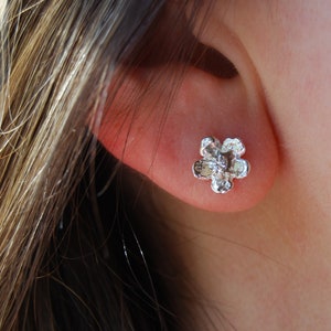 May include: Close-up of a silver flower-shaped earring. The earring is worn in the left ear of a person with brown hair.