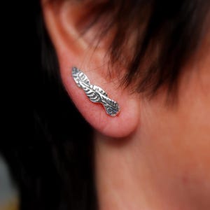 Leaf Climber Ear Pin Crawler Earrings Sterling, overlapping leaves, Gift for him / Her