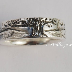 Silver Tree Band / Mountain Landscape Band / 6.5mm Wide Sterling / landscape wedding Band / Tree of Life Band /  Mountain Range Wedding Band