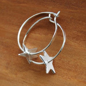 Star Hoop Earrings, Sterling with swinging star, hammered, man's silver, woman's 3 sizes, helix, conch, lobe. Floating Stars