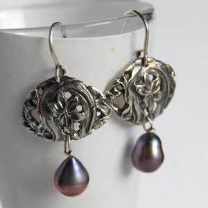 Antiqued Sterling Silver Filigree Pearl Drop Earrings, Floral Design