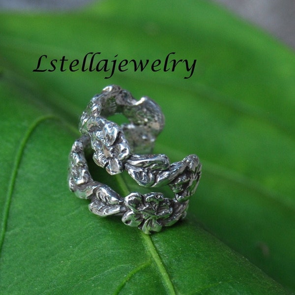 Floral Ear Cuff / Flower leaf cuff / Sterling silver cuff / Delicate flowers leaves / Wide Conch Cuff / Tiny detailed flowers / double cuff