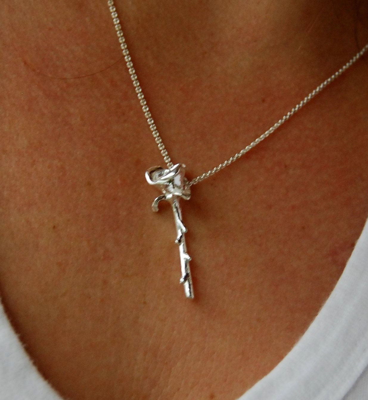 Long Stem Rose Necklace / Silver Rose 