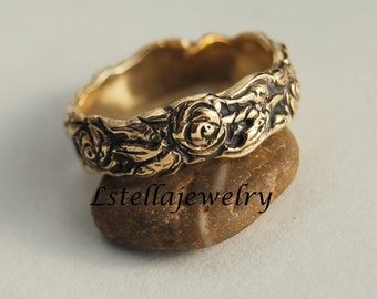 Rose Band, 10K Yellow Gold Rose leaf Ring, 10k band, Rose garden wedding band, Floral band, Gold floral band, Ladies band, solid gold band