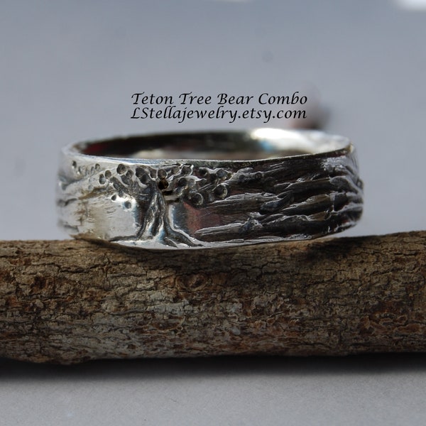 Tree Mountain Band /Landscape Wedding Band / Teton Mountains / Bear Tree Sun / Sterling 6mm / engagement band / Band For him / Tree of Life