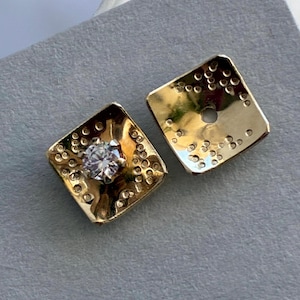 14k Gold Square Ear Jackets, Textured Pattern Accent Earrings