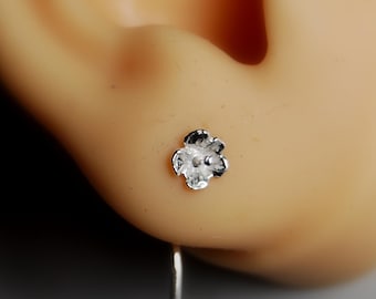 Hibiscus Flower Stem Earrings, Pair of Threader earrings, Front back, Delicate design, Darkened, floral stud gift