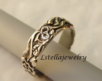 Floral Wedding Band / Silver Flower Band / Sterling 5mm Band / Flower Garden Ring / flower leaf vines/ Stackable silver ring/engagement ring