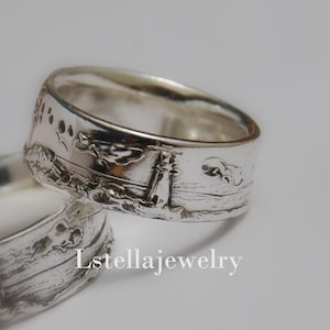 Seaside Lighthouse Band / Tree Sunset Band / Landscape Sterling Band / 7mm wide band / Silver Tree of life / Ocean Wedding band /Wide Silver