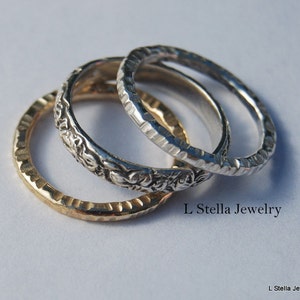 Hammered bands /Three Ring Set / Stackable 14K Band / Sterling Silver Floral Ring / 14K Band Hammered /  Gold / Flowers leaves Vintage Band