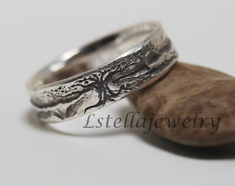 Tree Mountain Band,  Landscape Band, Tree of Life 6.5mm Sterling band 8 1/2 and up, Unisex Band wedding band marriage engagement