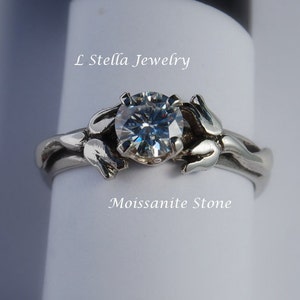Sterling Engagement Ring / Solitaire Ring Sterling / Silver Flower Ring / Lily of the Valley Ring /  White Sapphire Ring  / Aquamarine Ring