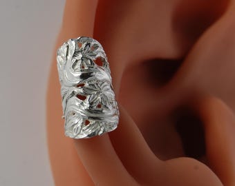 Wide Flower Ear Cuff /Ear Cuff Pierced /  Flower Garden / Pierced 16ga Helix / Conch Auricle Ear Cuff / Inner Conch / silver Floral / Conch