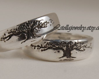 Tree of Life Band Set /Tapered Silver Bands / Sterling Wedding rings / Stackable silver bands / 4 to 12 Men's Women's / Tree harmony love