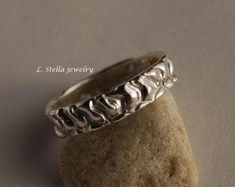 Leather Texture Band / Stack-able Silver Band / Wedding Band / 5mm Rustic Band / Sterling Pebble Textured / leather Look / Bridal