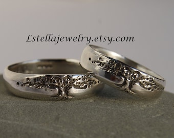 Tree of Life / Wedding Band Set / Silver 5mm WIDE / Sterling women&#39;s men&#39;s /  wedding Band Set / Silver Wedding Set / Bridal Wedding Set