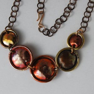 Copper Necklace / Copper with Brass necklace / Disc necklace / Dark Metal patina / Copper Pitina metal / Brass necklace /