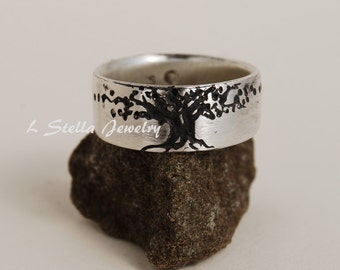 Tree of Life Band / Wide 8mm band / Sterling BRUSH FINISH / Interconnection of Life / Silver Wedding Ring / wide tree band / mans band