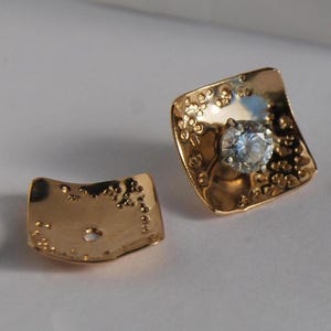 Sterling Ear Jackets, Yellow Gold filled Square Enhancers, Earring Stud jackets, textured pattern image 3