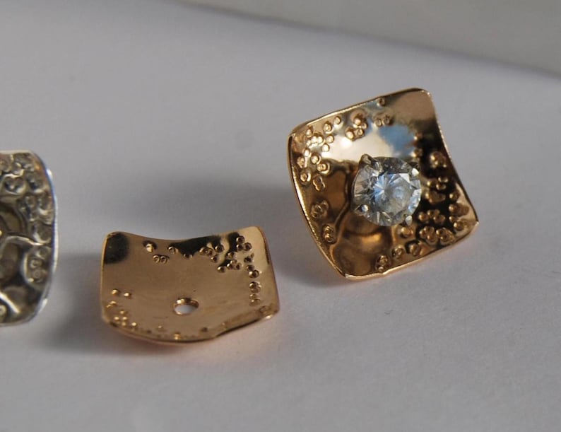 Sterling Ear Jackets, Yellow Gold filled Square Enhancers, Earring Stud jackets, textured pattern image 3