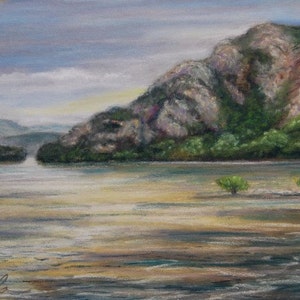 Stony Point pastel in the morning Hudson River landscape mountain Cold Spring