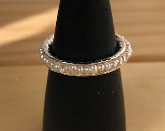 Pearl Channel Ring Grooved band Channel band Sterling silver textured free form