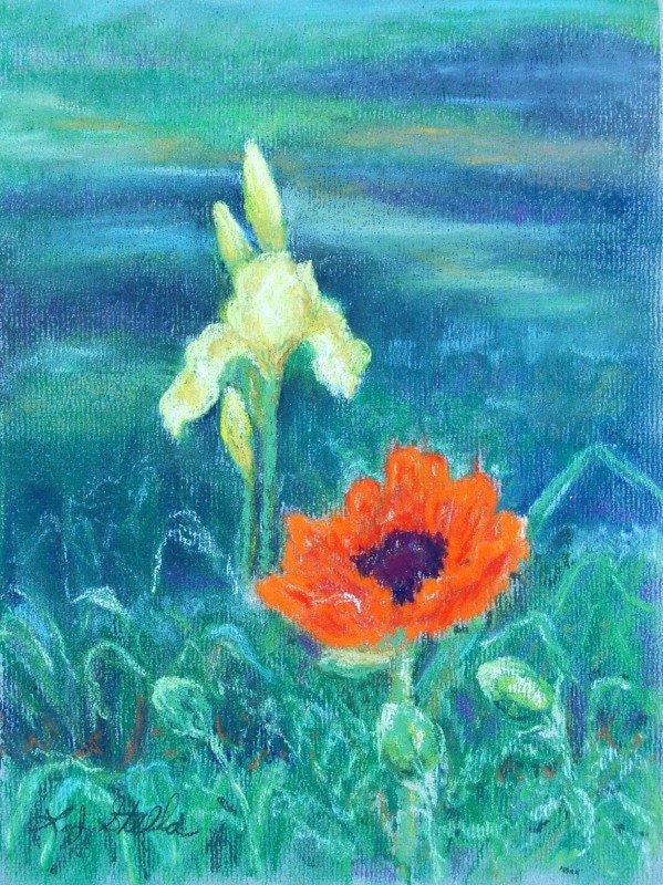 Floral Pastel Painting / Poppy, Iris flowers / original pastel Painting / Poppy flowers blue / green background leaves in the forground