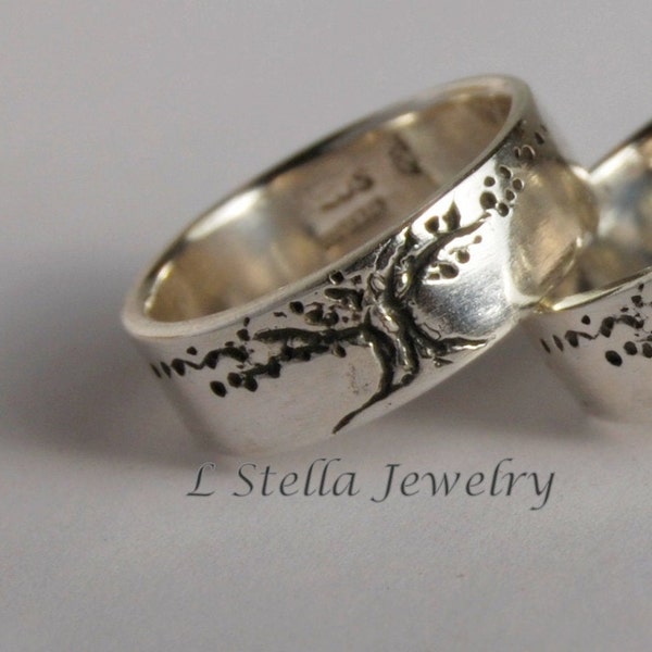 Tree of Life band / 6.5 mm wide band / sterling wedding band / Silver tree band / Mans Women's silver / tree design ring / tree wedding band