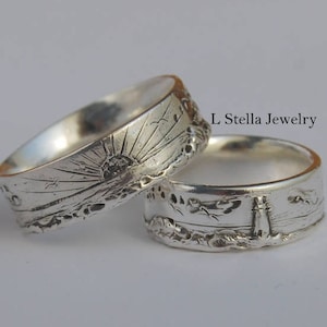 Lighthouse Wedding Bands / Tree Wedding Set / Landscape Sunset Ocean / 7mm Seaside bands /  Sterling Tree of life / Landscape Wedding / Ring