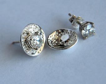 Silver Ear Jackets Earring Stud enhancers, Sterling, Dotted Texture, Aquamarine studs