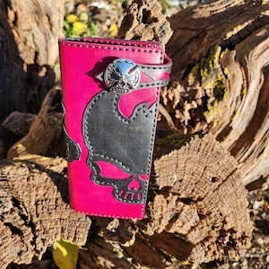 Cartera de motociclista para hombre, cartera larga para hombre, piel auténtica de plena flor, cartera de piel bicolor, cartera de piel triple, cartera con calavera, cartera alta