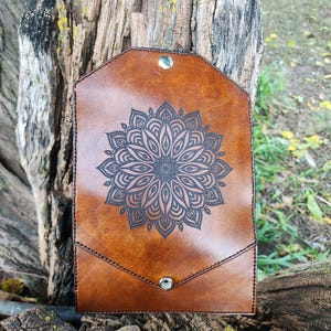 Cartera larga de cuero Mandala para mujer, billetera bicolor, billetera de cuero triple, billetera de cuero genuino de grano completo, billetera para mujer