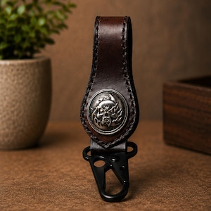 Handmade Full Grain Leather Key Keeper, Skull Concho Belt Clip Keychain