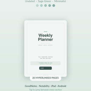 Agenda settimanale per ADHD senza data, agenda digitale minimalista GoodNotes per iPad e Android, PDF con collegamenti ipertestuali verde salvia, tracker di abitudini e dopamina