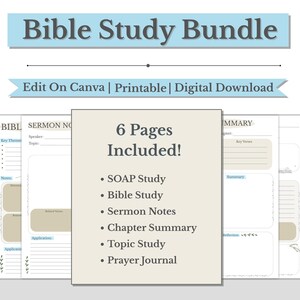 以下が含まれることがあります： 「Bible Study Bundle」と書かれた水色のバナーが付いたデジタル聖書研究バンドル。バンドルには、SOAP Study、Bible Study、Sermon Notes、Chapter Summary、Topic Study、Prayer Journalの6ページが含まれています。「Edit On Canva | Printable | Digital Download」の文字も含まれています。