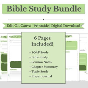 Peut inclure: Un ensemble d'étude biblique vert clair et blanc avec le texte "Bible Study Bundle" en haut. L'ensemble comprend 6 pages : Étude SOAP, Étude biblique, Notes de sermon, Résumé de chapitre, Étude de sujet et Journal de prière. Le texte "Edit On Canva | Printable | Digital Download" est également inclus.