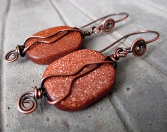 Glittering Goldstone Nugget and Copper Earrings, Red Brown Gold Stone Jewelry, Stone Nugget Earrings, Copper Spirals and Wire Wrap Jewelry